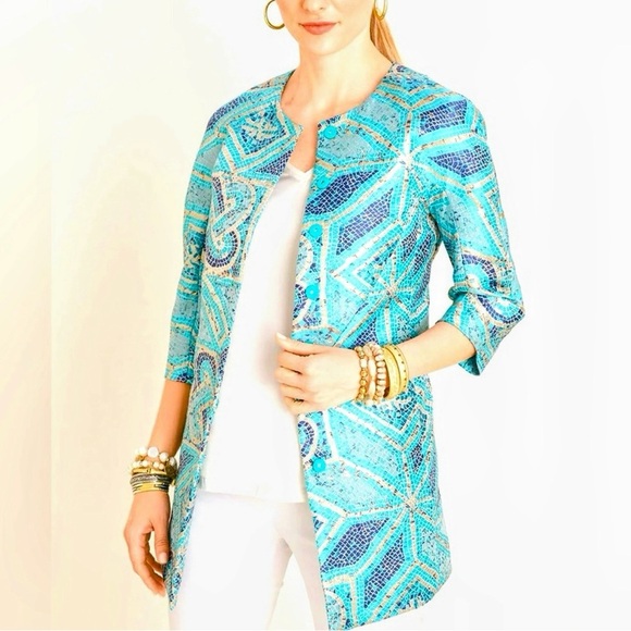 Chico's Jackets & Blazers - Chico’s teal blue gold mosaic print jacquard topper jacket blazer new nwt 2 L